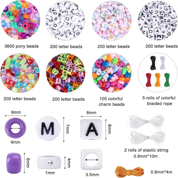 4700 kpl Pony Beads 72 Värillä Sateenkaari Candy Helmet Armbändisarjalle 3600 kpl 9mm Muovihelmet ja 1000 kpl Kirjainhelmet Alfa Musta Black Black 72 colors