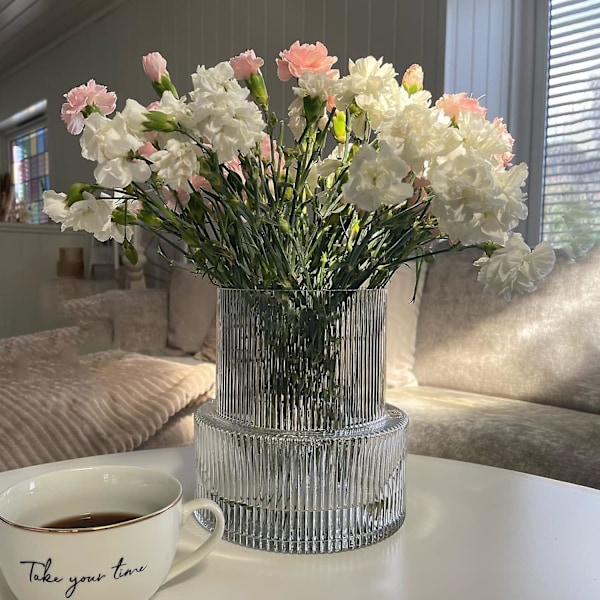 Klar glasvase, riflet vase, riflet glasvase, blomstervase, moderne vase til borddekorationer, dekorativ vase til stue, spisebord, entré