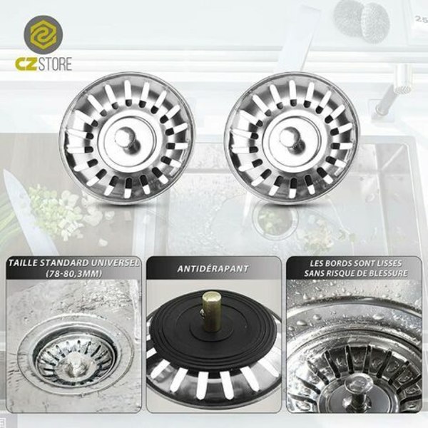 Set med 2 diskbänkssil | 80MM | Universal rostfritt stål diskbänkspropp - diskbänk avlopp/tvättställ - köksvasksil (metallmutter för förtjockat stål)