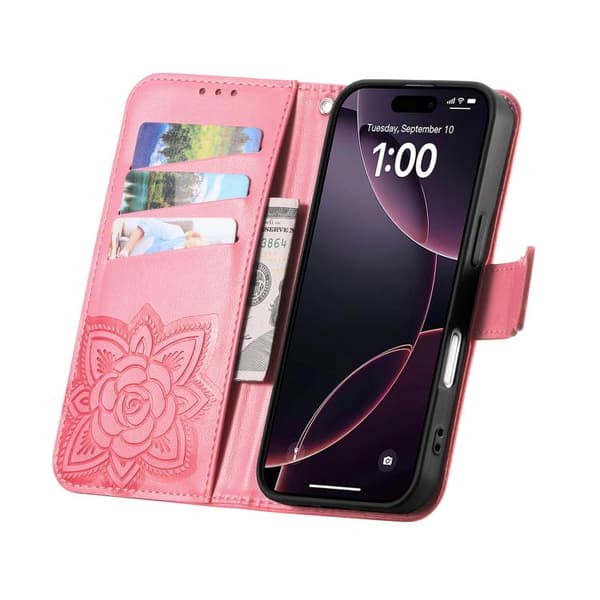 iPhone 17 Nahkakotelo kohokuvioidulla perhoskukalla Rosa