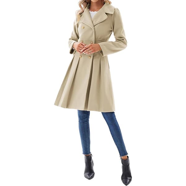 Women's Trench Coat Fashion Sharp Shirt Collar Double-Breasted Thick A-Line Jacket Beige