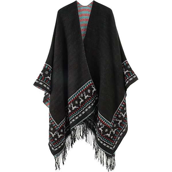 1 stk svart fleece poncho dame kappe retro åpen kvinnelig vinter