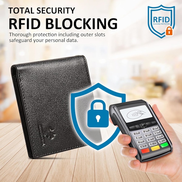Herrar Lommebok med Kjede Ekte Lær Lommebok RFID-Blokkering Todelt Lommebok med ID-Vindu Kortlommer, Svart