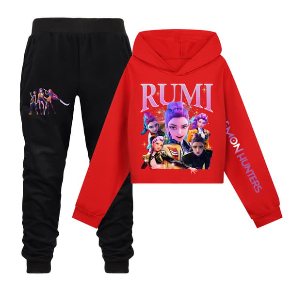 KPOP Demon Hunter Jenter Cropped Hettegenser & Skjørt Sett - Rødt Sett Rød X Sett Rød X