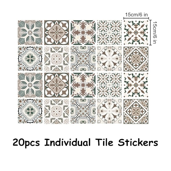 20-pack viktorianska kakeldekaler, självhäftande väggdekaler för kök och badrum, 15 cm x 15 cm [ZHE] Beige
