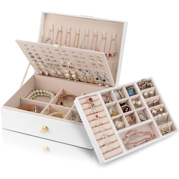 Smyckeskrin Organizer för halsband, örhängen, armband, ringar, stort smyckeskrin i PU-läder med 3 stapelbara lager (vit)