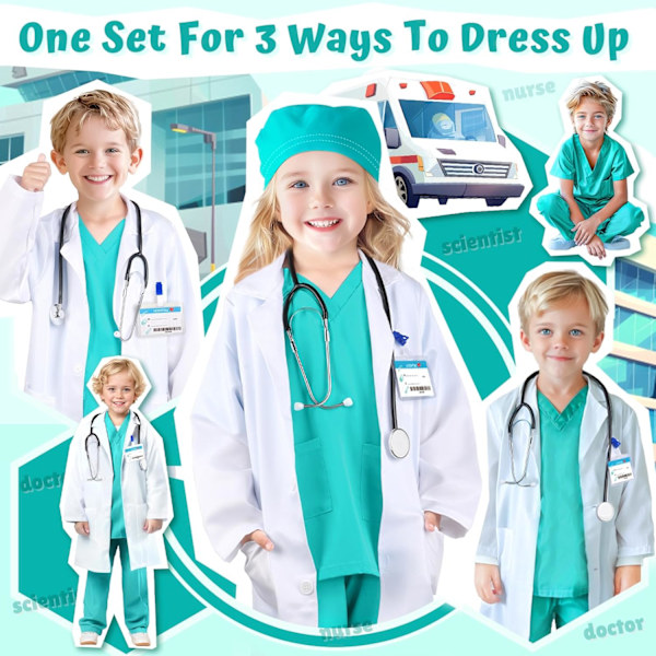 Lægeudklædning til børn - Scrubs, Stetoskop, Kitel - Halloweenkostume, Erhvervsdagskostume til piger 3-12 år 9-11 Years 9-11 Years Green