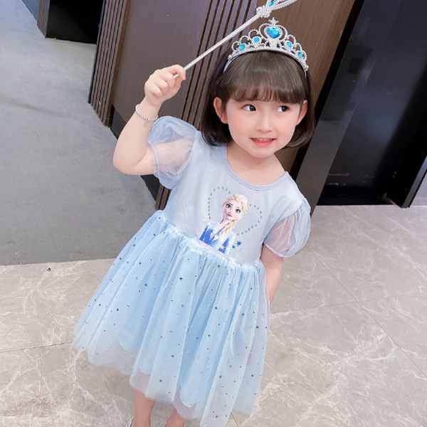 Jente Frozen Elsa Prinsesse Barn Bomull Gaze Bursdagsfestkjole blå blue 140cm