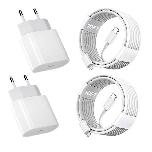 2-pak 20W hurtigoplader & 3m USB-C til Lightning-kabel til iPhone[ZHE]