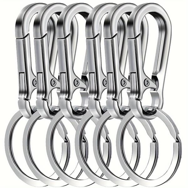 Kraftiga 6-pack nyckelringar i metall med låsklämma och karbinhake silvery