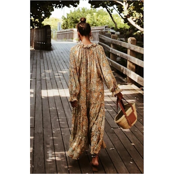 Boho Casual Lang Swing Kjole Maxikjole i Khaki[ZHE] Khaki M