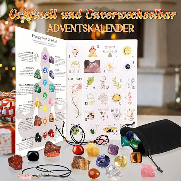 Adventskalender 2024 med krystaller, julekalender med 24 chakra-krystaller og identifikationsark, perfekt til læring, samling og dekoration.