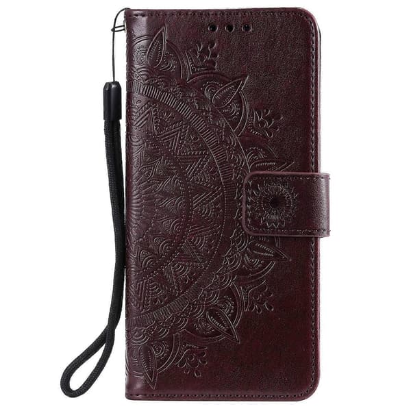 Embossed Mandala Flower Stand Wallet Leather Case for Samsung Galaxy A40 Brown
