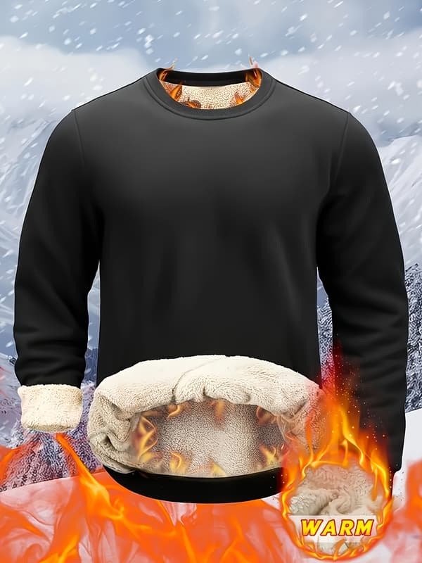 Fleeceforet genser med rund hals for menn, langermet vintergenser, varm uformell topp L Black
