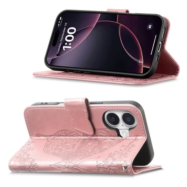 iPhone 17 Skinnveske med preget sommerfuglblomst Roséguld