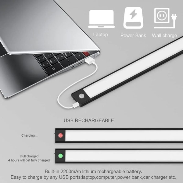 2 LED-lampor för garderob, 40 cm, trådlösa, USB-laddningsbara