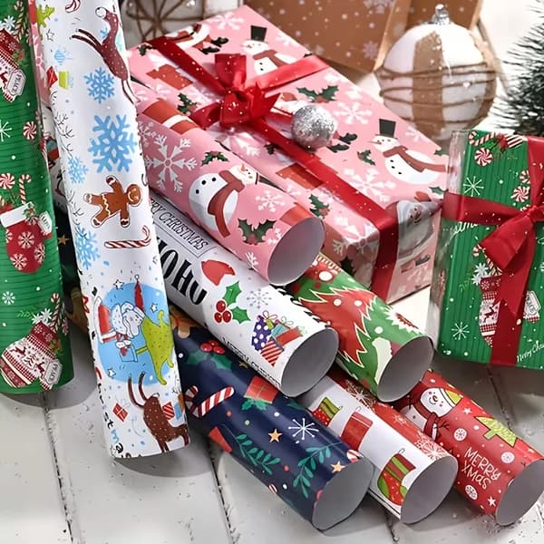Julklappspapper Set med Jultomte-, Julgrans- och Renmönster för Julklappar Mixed