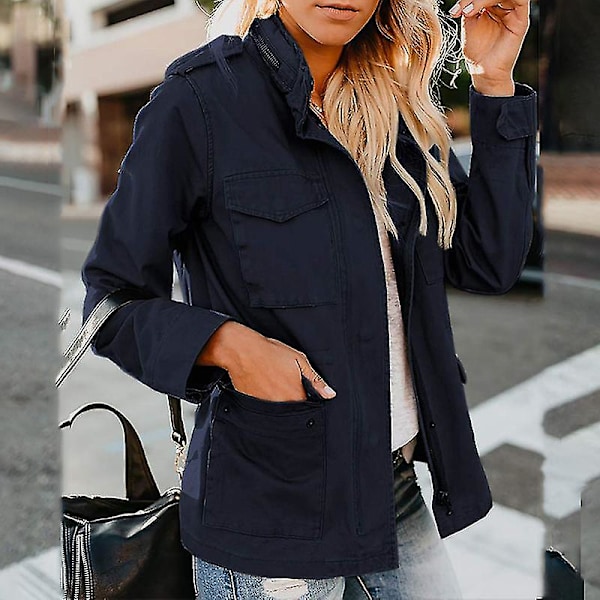Womens Military Jacket with Snap Buttons Streetwear Autumn Coat Long Sl Dark Blue Mörkblå 3XL