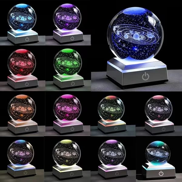 3D Solsystem Kristallkula Nattlampa med Touch LED-bas, USB-driven, 8cm, Flerfärgad 8cm Multicolor