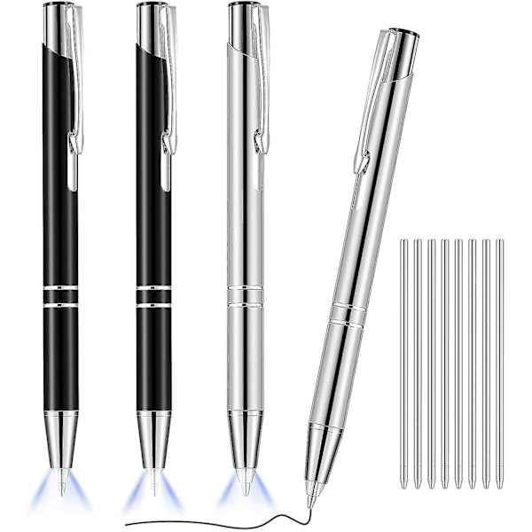 4 stk. lyse metalkuglepenne med LED-lys, sort