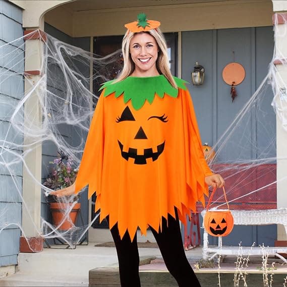 3-delt Halloween Græskar Kostume til Kvinder, Græskar Poncho til Voksne med Hårbånd & Taske, Halloween Kostume til Kvinder