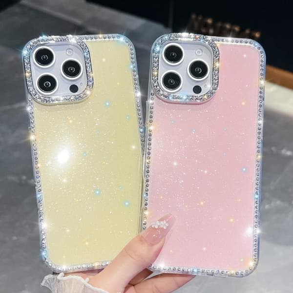 iPhone 17 Pro-deksel med Rhinestone-glitter og 4-hjørners anti-fall Vit