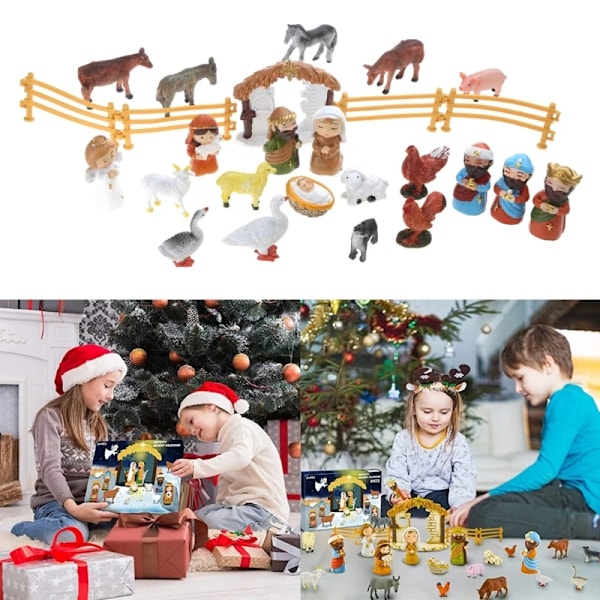 Julekalender med 24 Miniatyrer i Resin, Den Hellige Familie, Magi, Hyrde, Engel, Sau, Stall, Dyr, Gjerde, Ideal C