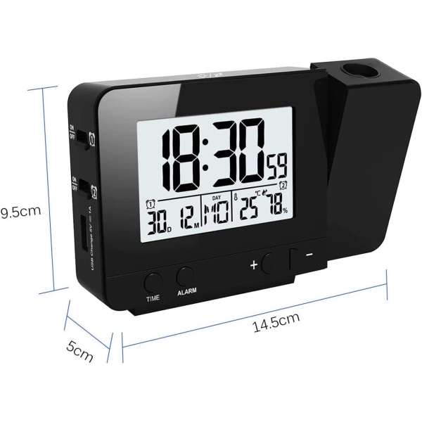 Projektionsklocka, digital väckarklocka, LED-display projektorklocka med bakgrundsbelysning snooze, 2 larmljud (svart)
