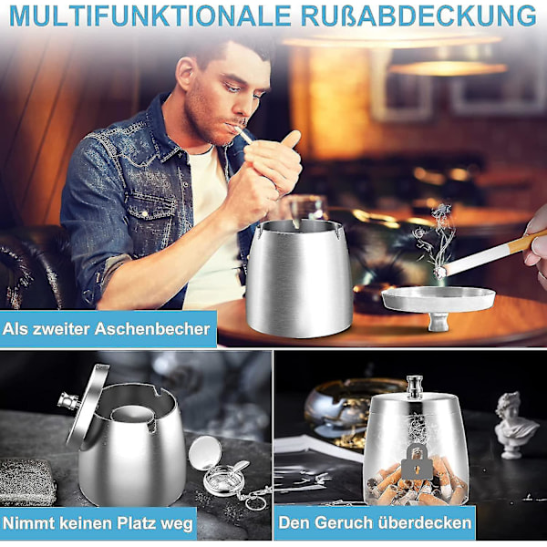 Rostfritt Stålashtray med Lock för Utomhus Vindtät Ashtray med Halkskyddad Bas för Utomhus- och Inomhusbruk Svart Black M