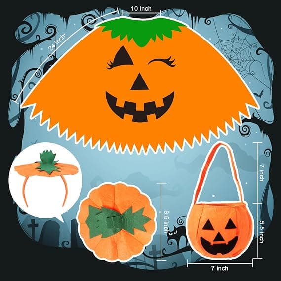 3-delt Halloween Græskar Kostume til Kvinder, Græskar Poncho til Voksne med Hårbånd & Taske, Halloween Kostume til Kvinder