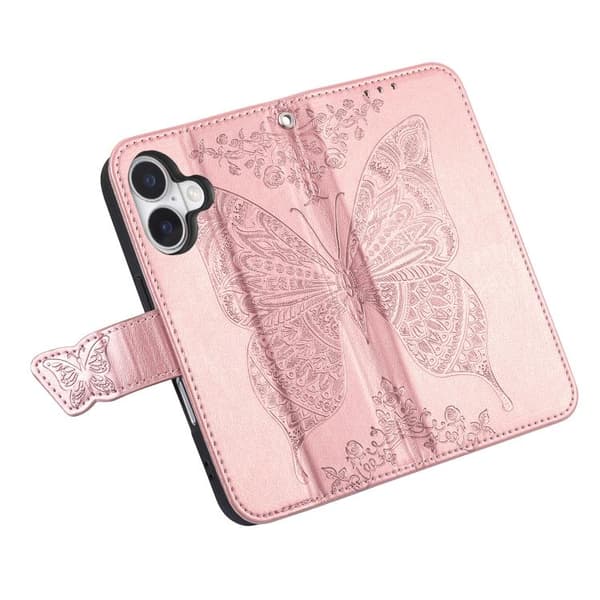 iPhone 17 Skinnveske med preget sommerfuglblomst Roséguld