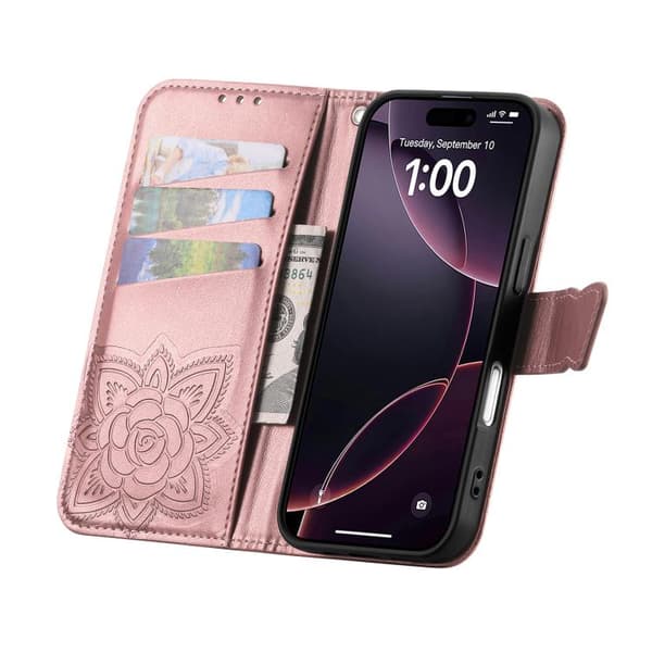iPhone 17 Skinnveske med preget sommerfuglblomst Roséguld