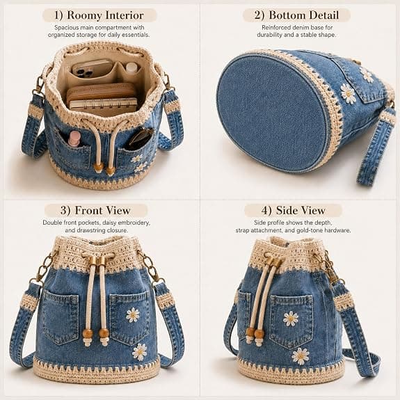 Denim Bucket Bag for Women, Boho Drawstring Crossbody Bag & Handbag with Adjustable Strap, Crocheted Edge, Daisy Embroidery