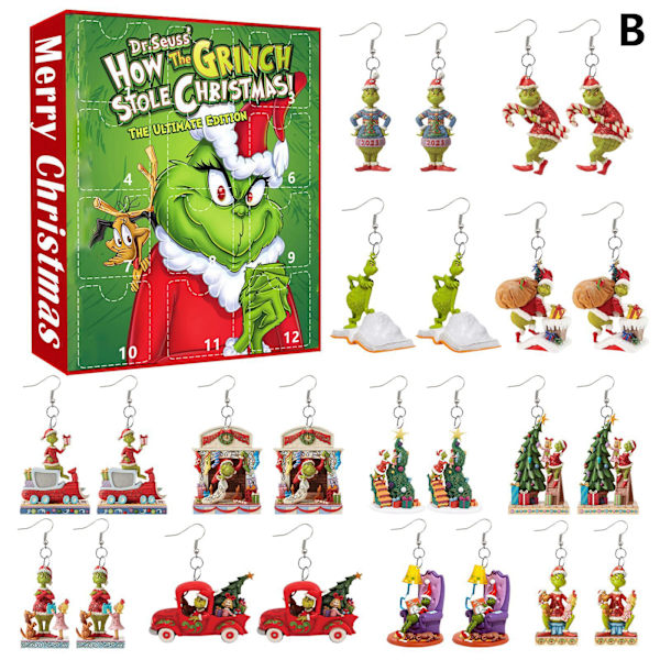 Julens Blind Box-serie Grinch-örhängen Grön päls Monster 12-timmars nedräkning akrylplatt-örhängen B