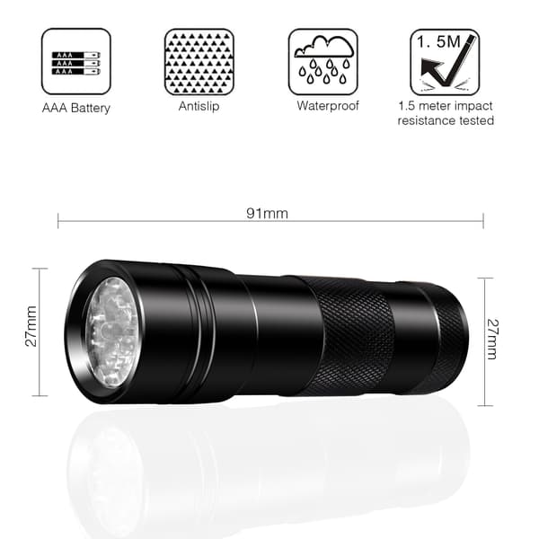 UV-taskulamppu 12 LED-valolla 395 nm Musta