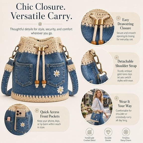 Denim Bucket Bag for Women, Boho Drawstring Crossbody Bag & Handbag with Adjustable Strap, Crocheted Edge, Daisy Embroidery