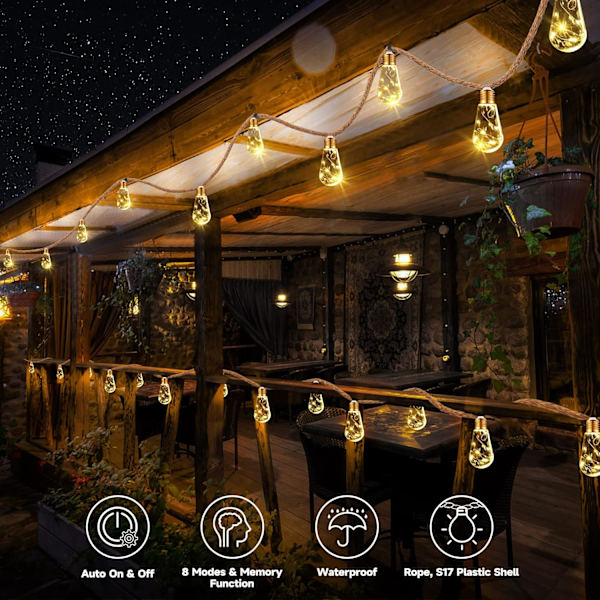 16 LED aurinkokennovalot - 8M vedenpitävä hamppuköysi ulkopuutarhavalot (lämmin valkoinen) [ZHE]