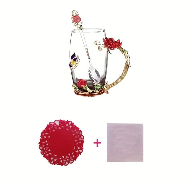 Emalje Tekop Sæt med Rosamønster, Inkluderer Krus & Ske 【Red】 Long