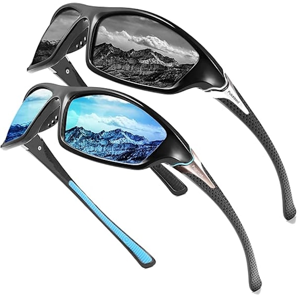 2 x Polariserade solglasögon för män/kvinnor (svart och blå); Lätta bågar med HD Aviator-linser; Golf/Bil/Fiske/Reseglasögon