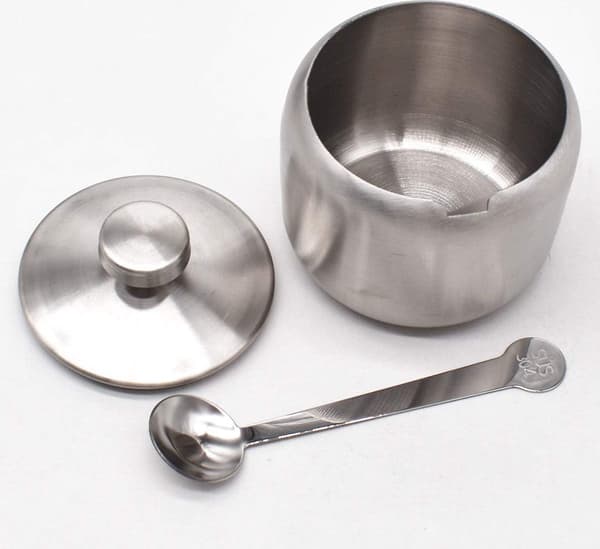 Sukkerskål i rustfrit stål, 2 stk. med låg og ske, til salt, sukker, kaffe, te, krydderier