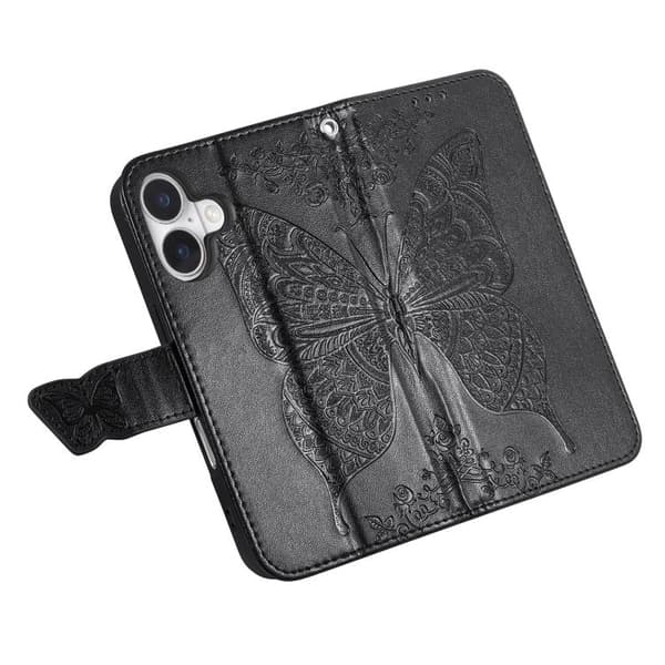 iPhone 17 Nahkakotelo kohokuvioidulla perhoskukalla Svart