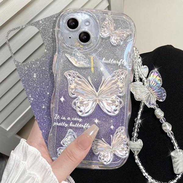 Kompatibel med iPhone til kvinder/piger, sød sommerfugl glitter bling med armbånd anti-ridse stødabsorberende skal til iPhone, blå med armbånd Blu Blue iPhone 14