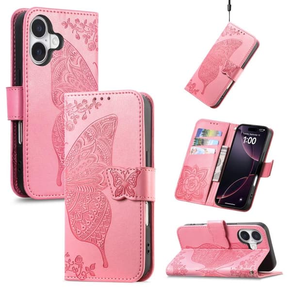 iPhone 17 Skinnveske med preget sommerfuglblomst Rosa