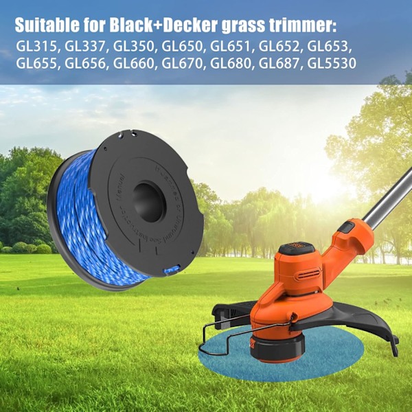 Ersætningsspole til Black and Decker A6441 Strimmer Line, 1,65 mm, erstatningsspoler til GL652, GL655, GL650, GL660, GL680 Strimmer