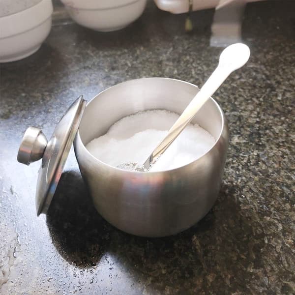 Sukkerskål i rustfrit stål, 2 stk. med låg og ske, til salt, sukker, kaffe, te, krydderier
