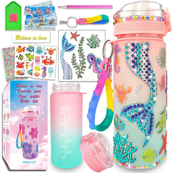 Mermaid DIY Diamantkonst Mugg Kit - Barnpysselaktivitet, Återanvändbar 600ml Vattenflaska med Ädelstenar