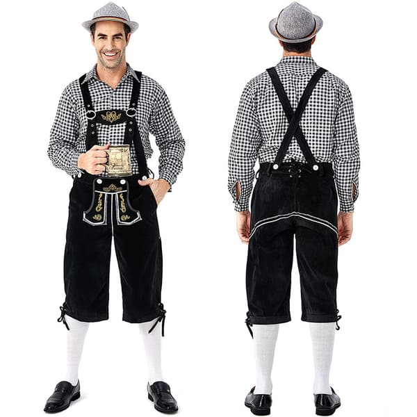Tysk Oktoberfest Kostume Mænd | Ternede Skjorte med Broderede Seler & Hat*Grå hat*M Grå hat Grå hat