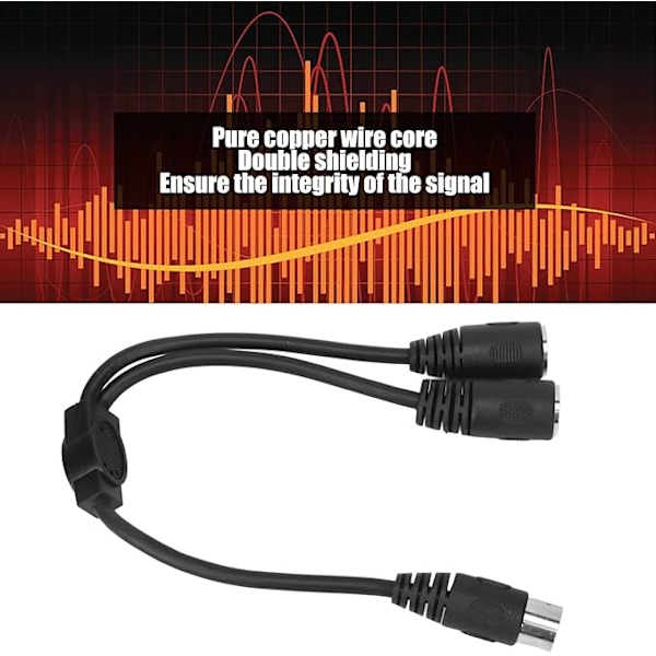 8-pin MIDI splitter-kabel, med en hannkontakt koblet til to hunn DIN 8-pin porter