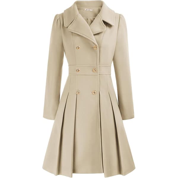 Women's Trench Coat Fashion Sharp Shirt Collar Double-Breasted Thick A-Line Jacket Beige