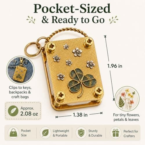 Mini Flower Press Keychain - Handmade Gold Metal Micro Press with 20 Sheets